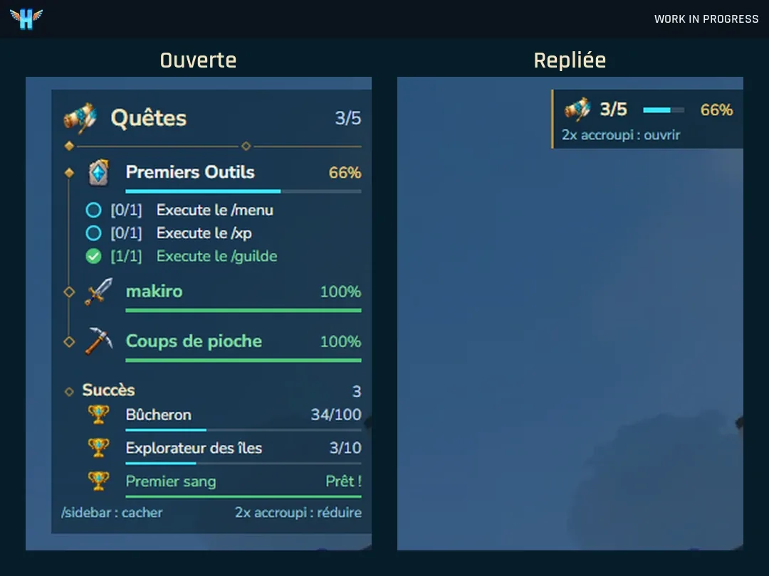 La liste des quêtes, ouverte puis repliée en pastille