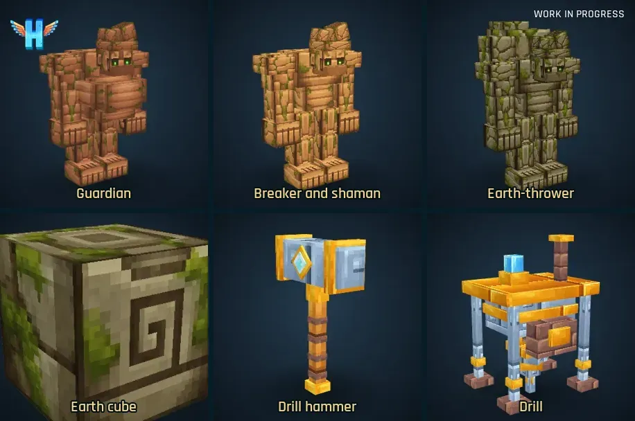 The drill, golems, earth cube and hammer models