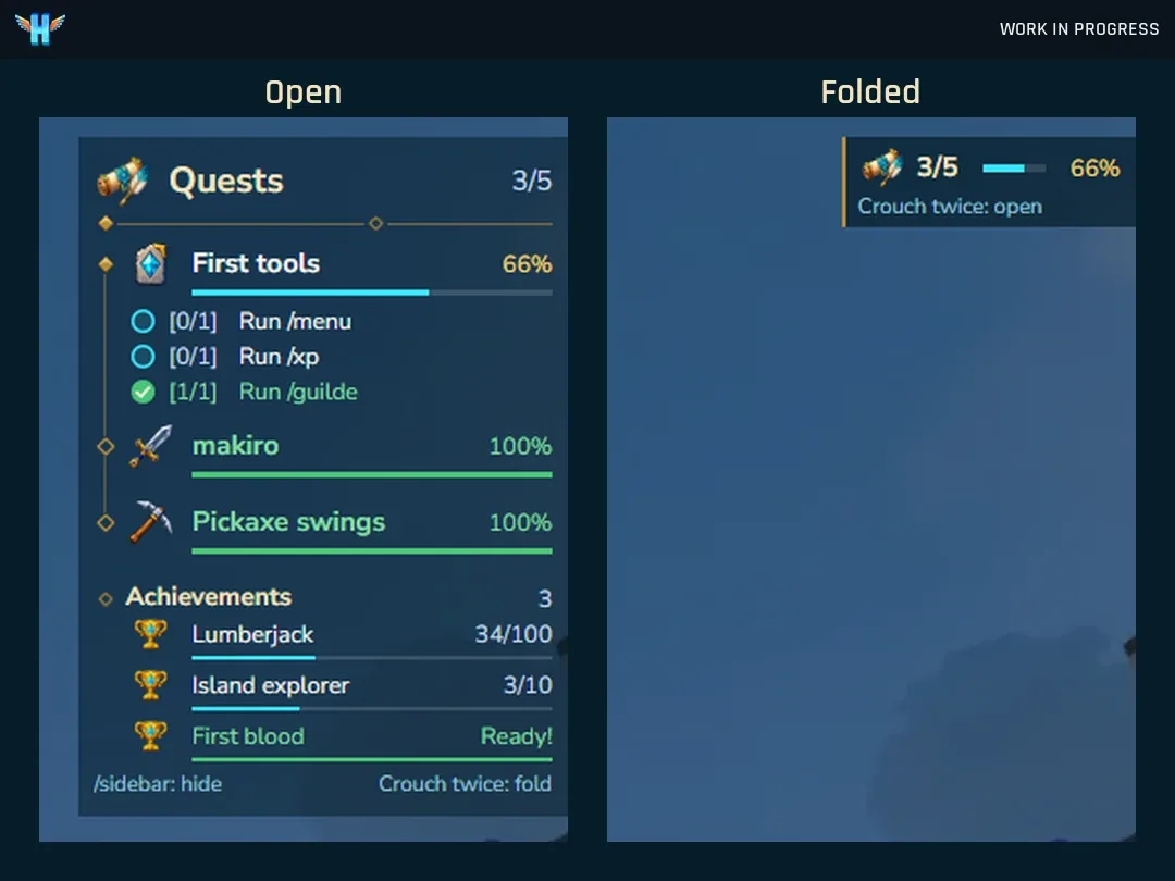 The quest list, open, then folded into a pill