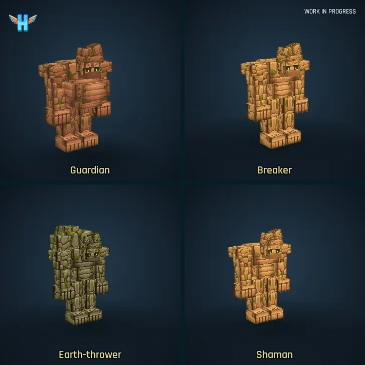 Golem attacks: guardian, breaker, earth-thrower and shaman