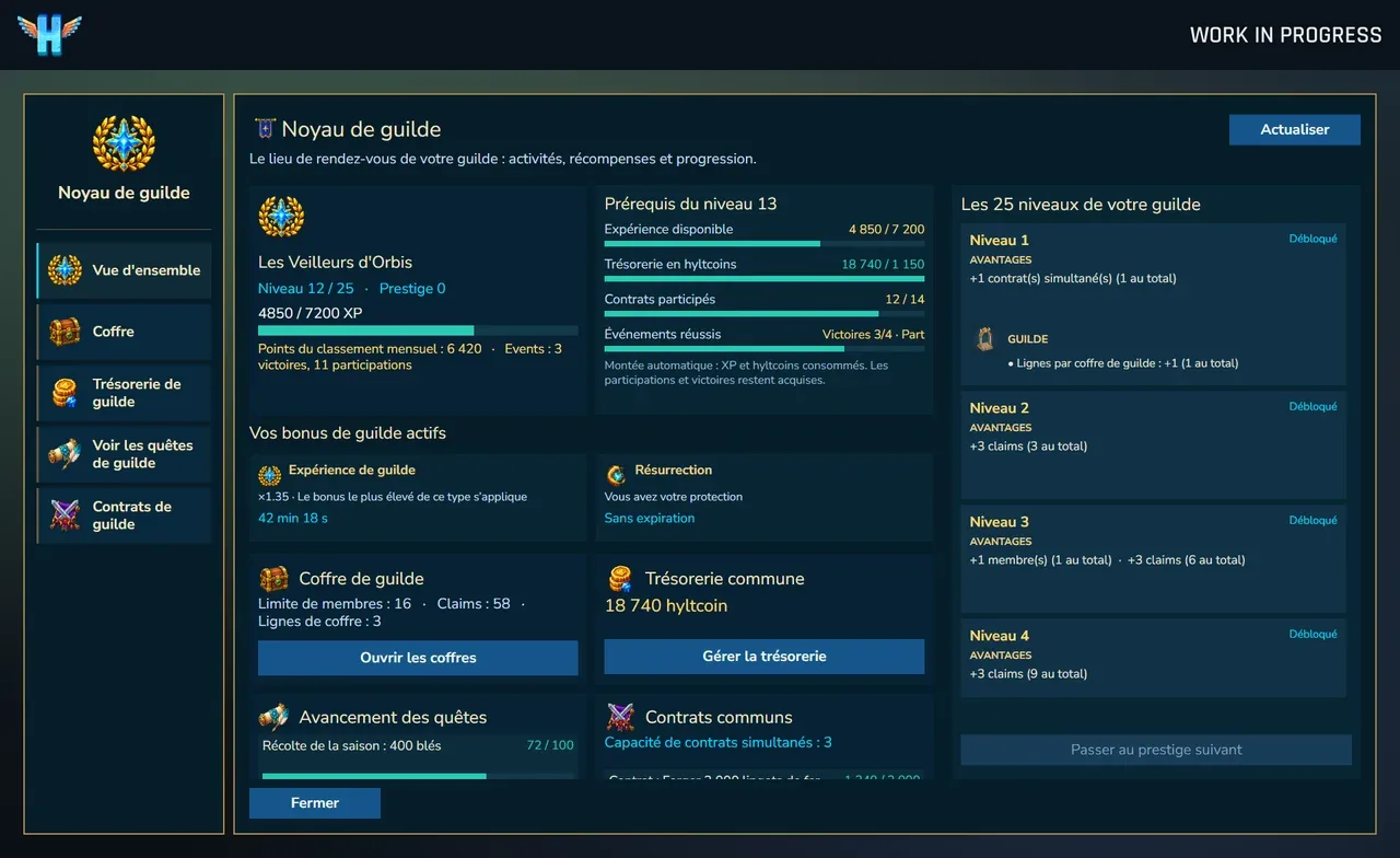 Le tableau de bord du noyau de guilde